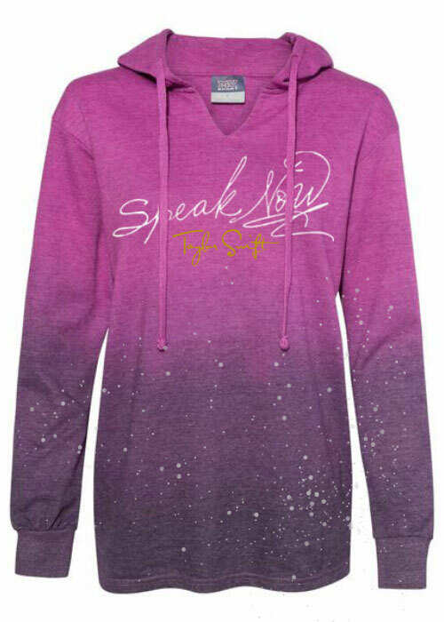 MV Sports W20185 women’s French terry ombre hooded sweatshirt in “Dragonfruit/Navy” with the “Speak Now” logo printed on the front.