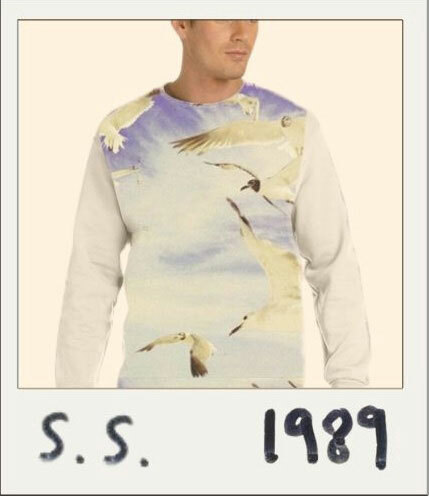Sublimation printed white crewneck sweatshirt from ShirtSpace that looks like the one Taylor wears on her “1989” album cover. 