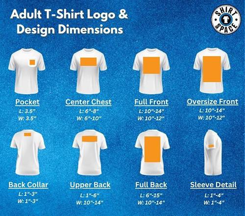 ShirtSpace's adult t-shirt logo and design dimensions infographic.