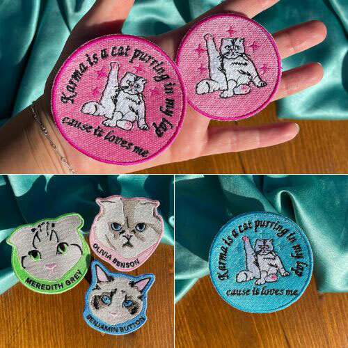 Patches that illustrate Taylor Swift's cats, Olivia Benson, Meredith Grey and Benjamin Button, created by Carissa of the Sea