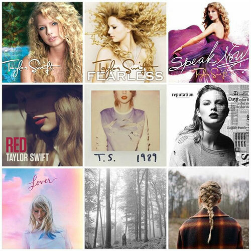 A grid showing 9 of Taylor Swift's album covers. The perfect layout if you want to create a t-shirt quilt of her albums.