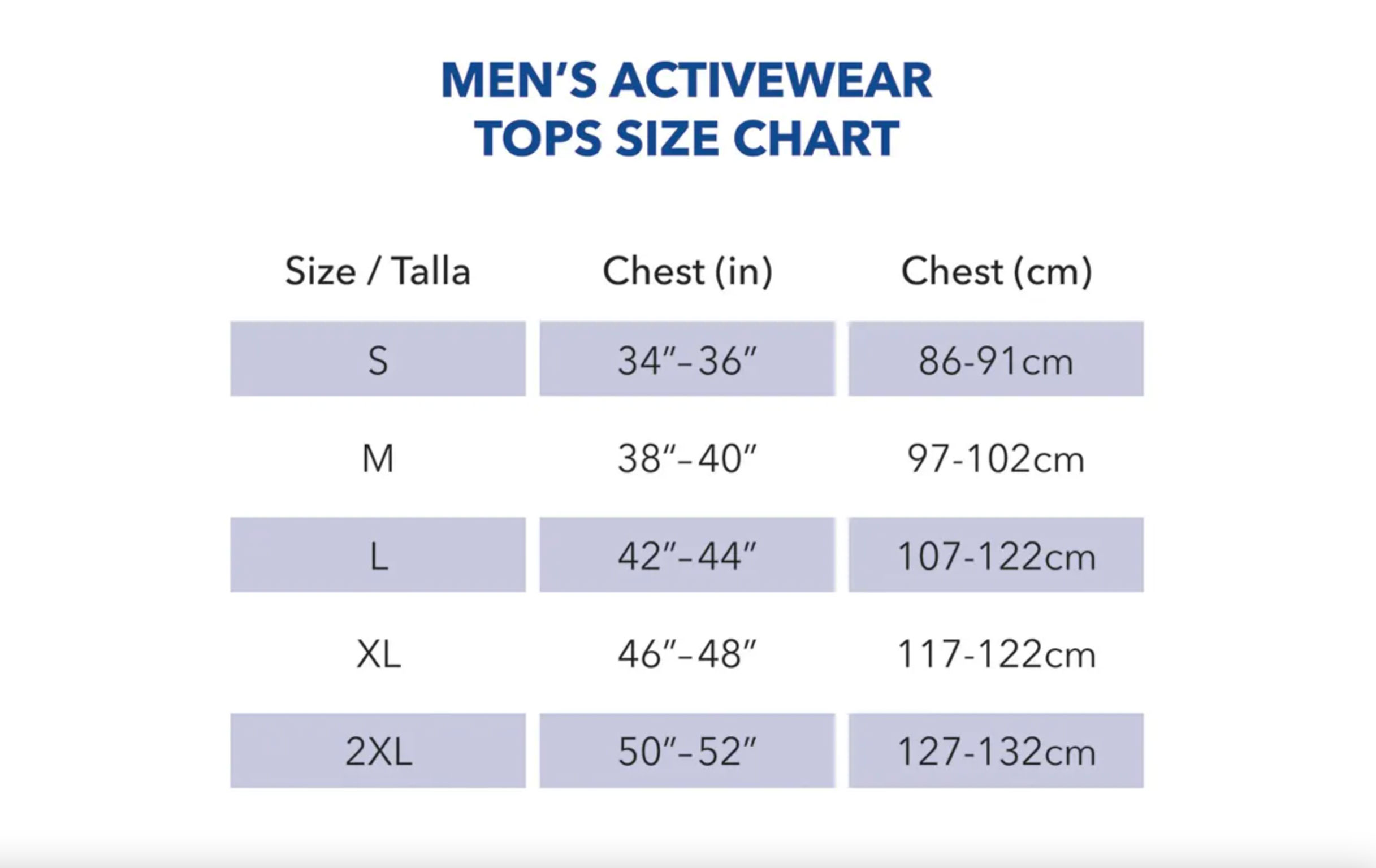 Gildan men's activewear top size chart. 