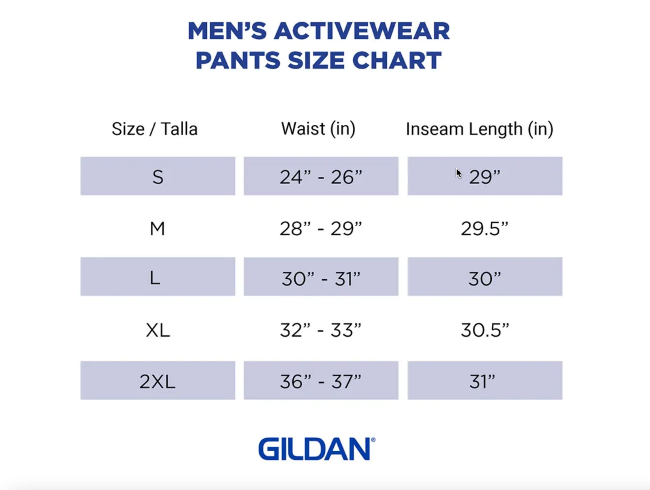 Gildan men's activewear pants size chart.