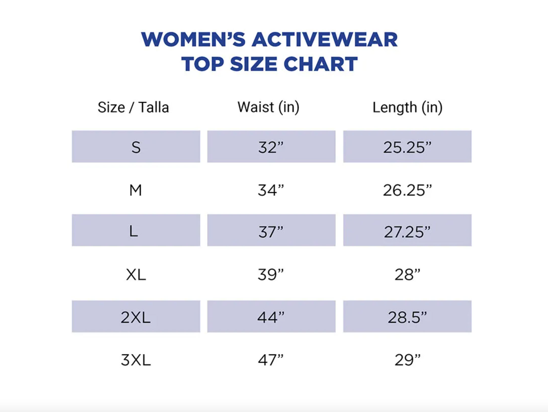 Gildan women's activewear top size chart.