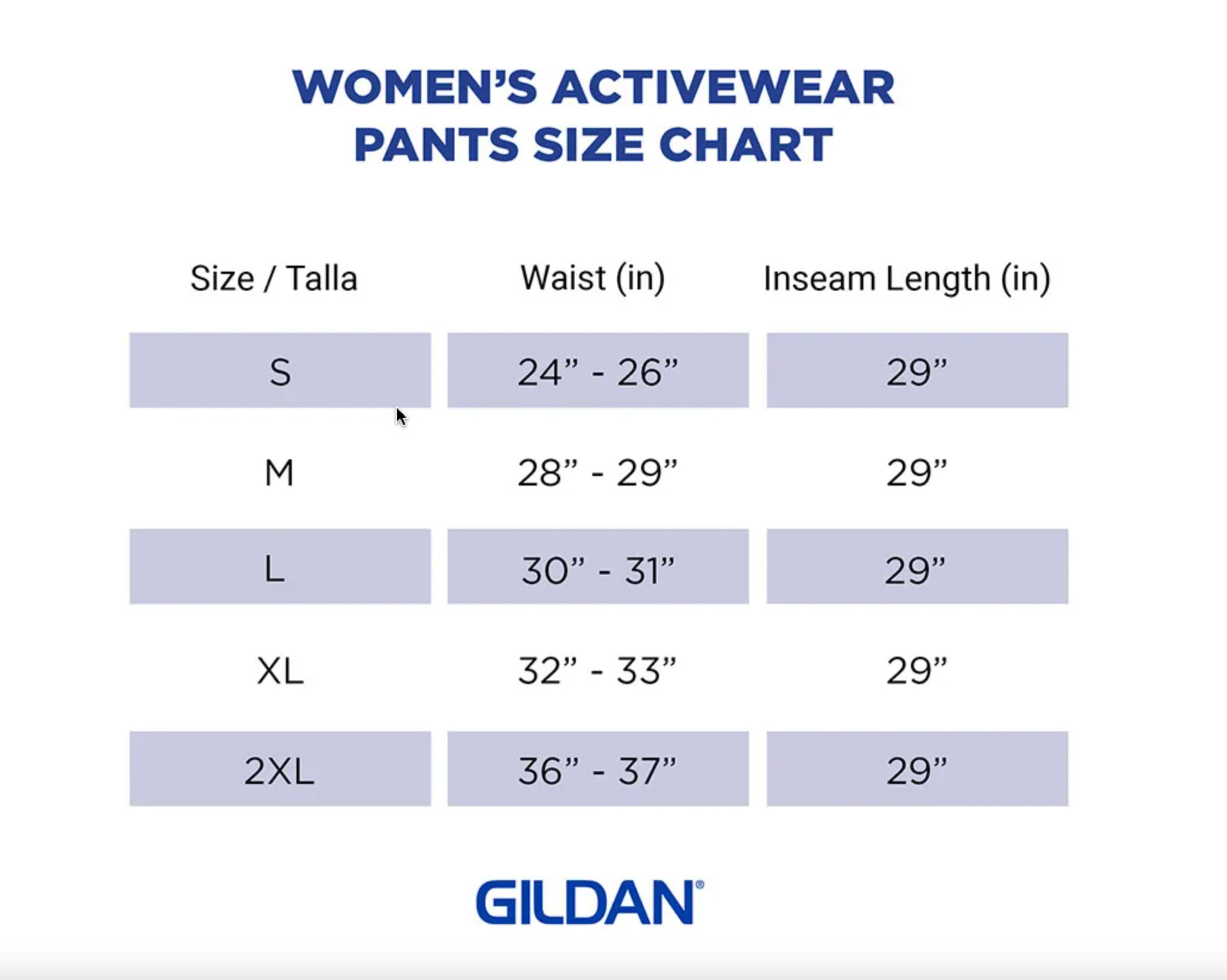 Gildan women's activewear pants size chart.