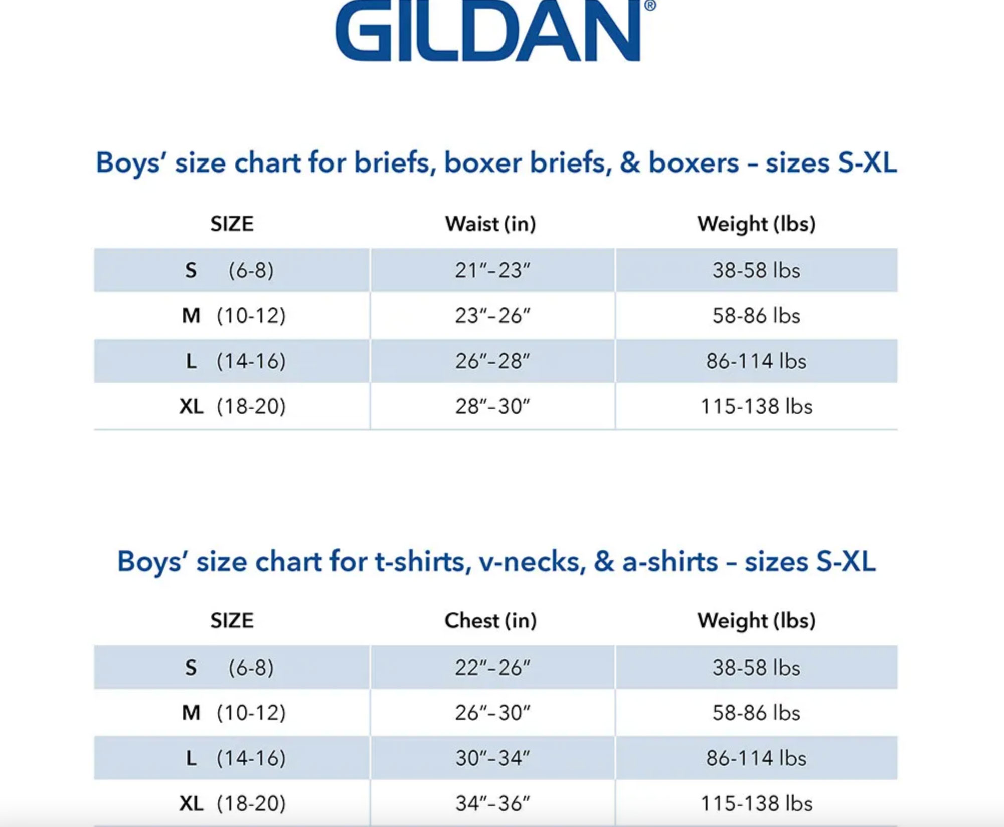 Gildan boys and youth clothing size guide