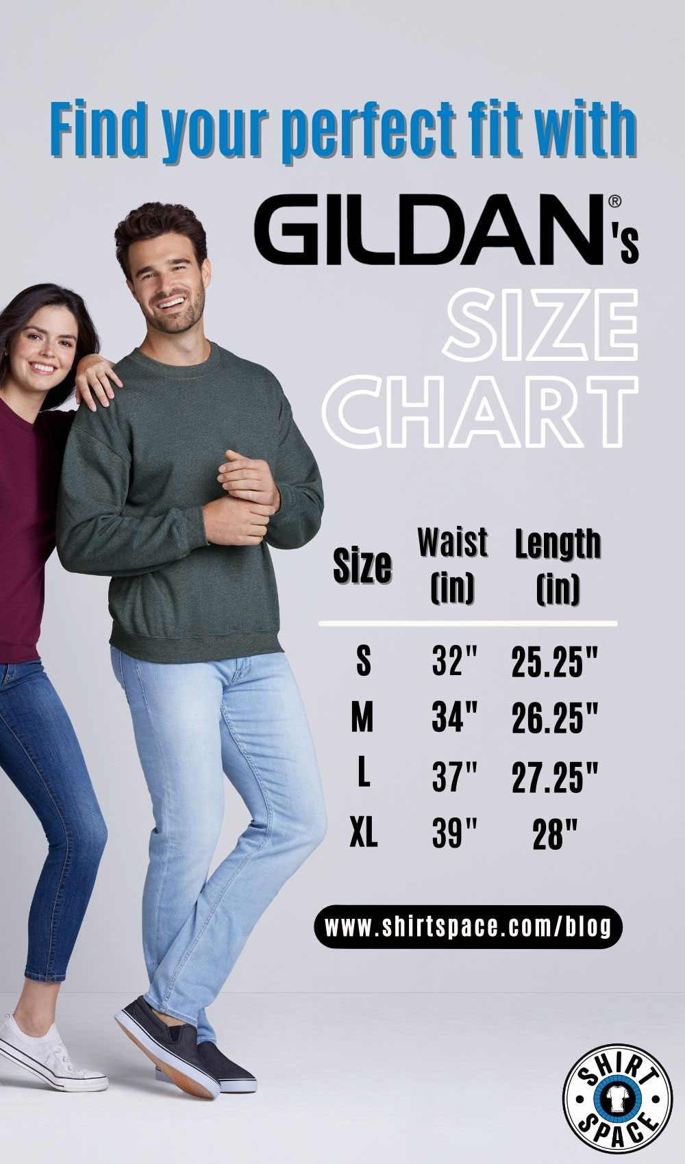 Pinterest pin promoting ShirtSpace’s guide on how to find the perfect fit using Gildan’s size chart. 