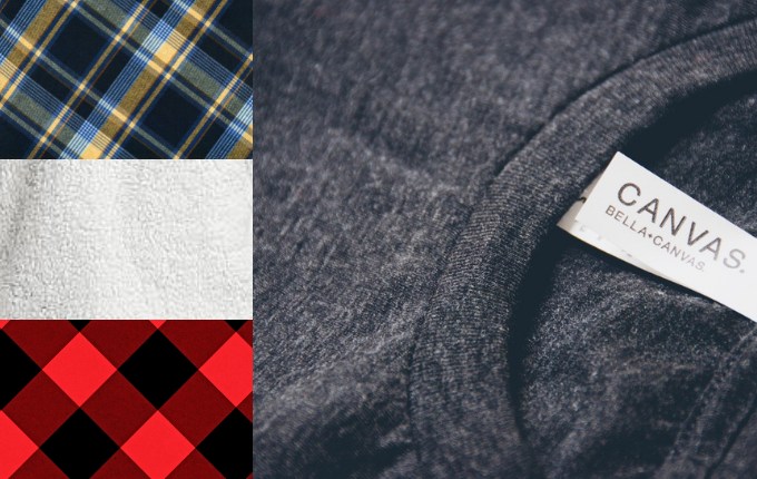 Plaid pattern, Sherpa fleece, buffalo plaid print and a close up shot of a gray heathered t-shirt by Bella+Canvas