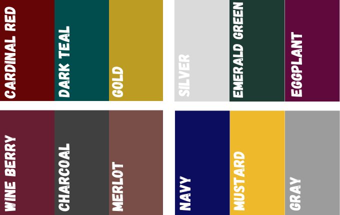 Winter Fashion Color Palettes: The first one is cardinal red, dark teal and gold. The second is silver, emerald green and eggplant. The third is wine berry, charcoal and merlot. The fourth is navy, mustard and gray.