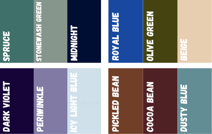 The first one is spruce, stonewash green and midight. The second is royal blue, olive green and beige. The third is dark violet, periwinkle and icy light blue, the third is pickled bean, cocoa bean and dusty blue. 