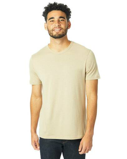 Man wearing a blank cream color shirt that is from the brand Alternative and made with modal fabric.