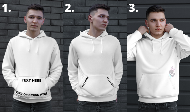 3 variations of a young man wearing the same white hoodie and demonstrating places you can put designs on the pouch pocket.