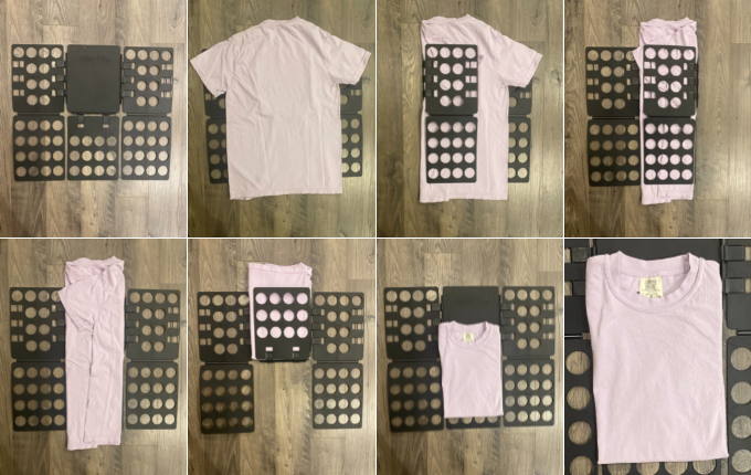 Steps on how to fold a t-shirt using a shirt folding tool.