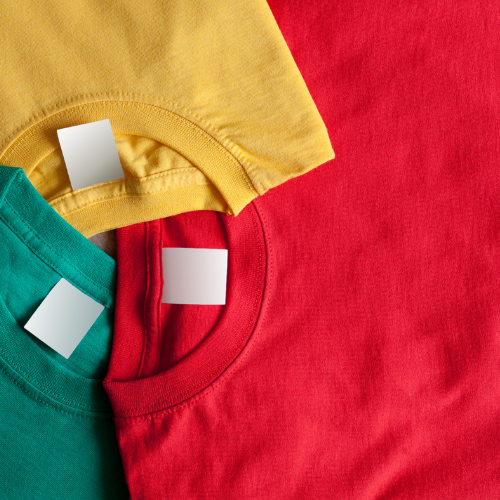 Colorful t-shirt material arranged in a circle.