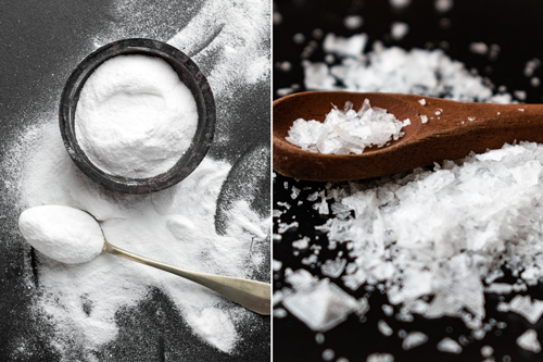 A two photo collage. The first is a bowl and spoon of baking soda. The second is a spoon of course salt. 
