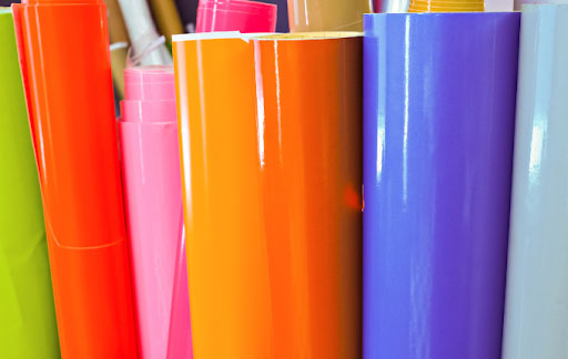 Colorful rolls of heat transfer vinyl, or HTV. 
