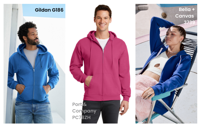 Models wearing the Gildan G186, Port & Company PC78ZH and Bella+Canvas 3739 full-zip sweatshirts.