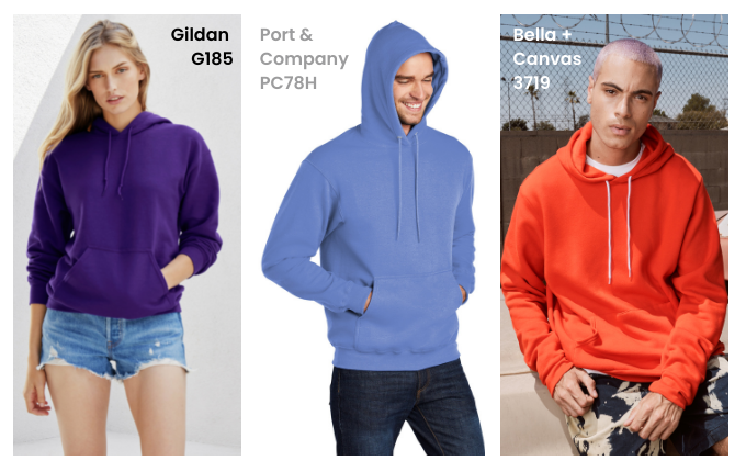 Models wearing the Gildan G185, the Port & Company PC78ZH and Bella+Canvas 3719 pullover hoodies.