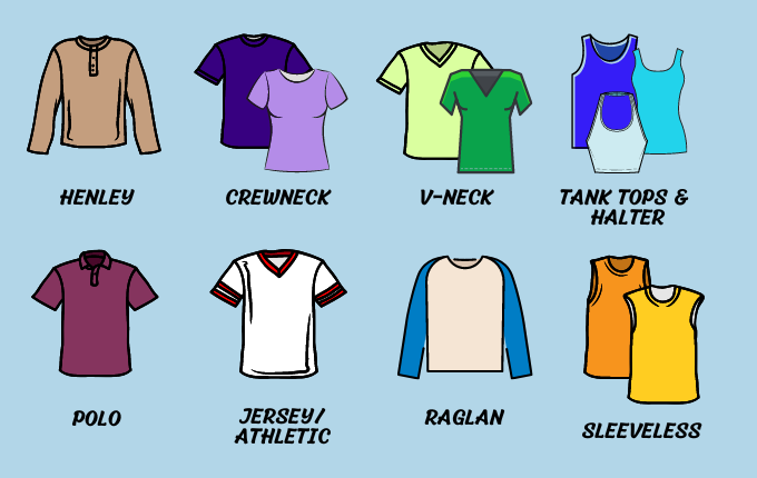 Different types of shirts illustration, including: henley, crewneck, v-necks, tank tops & halter tops, polo shirt, jersey or athletic shirt, raglan or sleeveless tee.