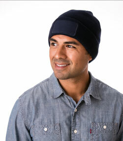A man wearing a denim button-up shirt and Big Accessories BA527 Patch Beanie in navy, both available from ShirtSpace. 