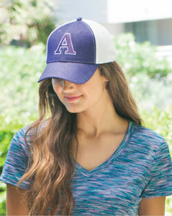 A woman wearing a DTG-printed Adams KN102 Knockout Cap in purple/white, available blank at ShirtSpace.