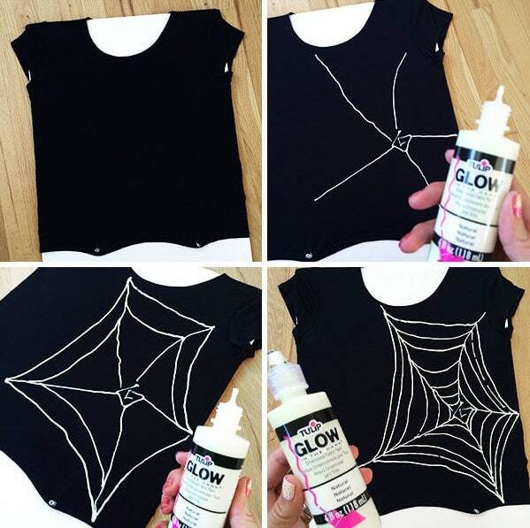 Spider web design being painted on a black t-shirt, using Tulip brand glow ink. 