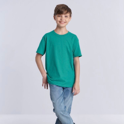 Boy wearing green gildan shirt