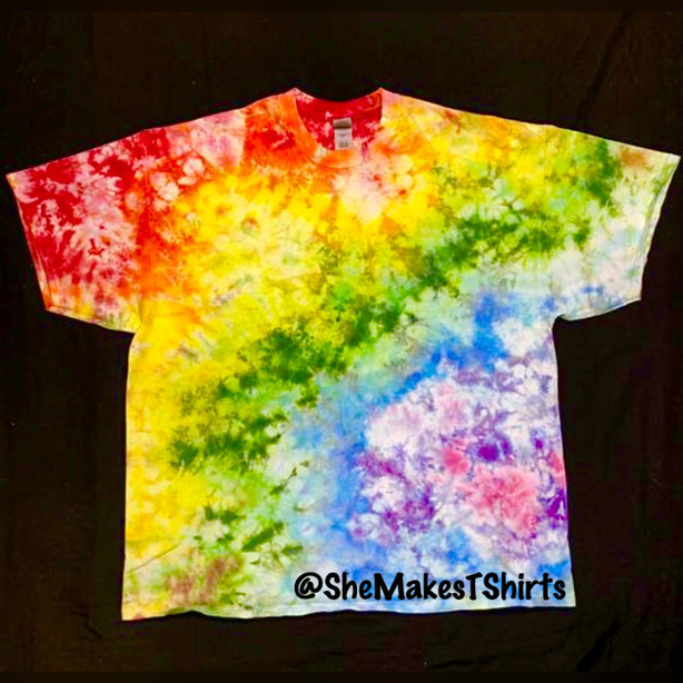 Rainbow crumple ice technique tie dye t shirt by she makes shirts