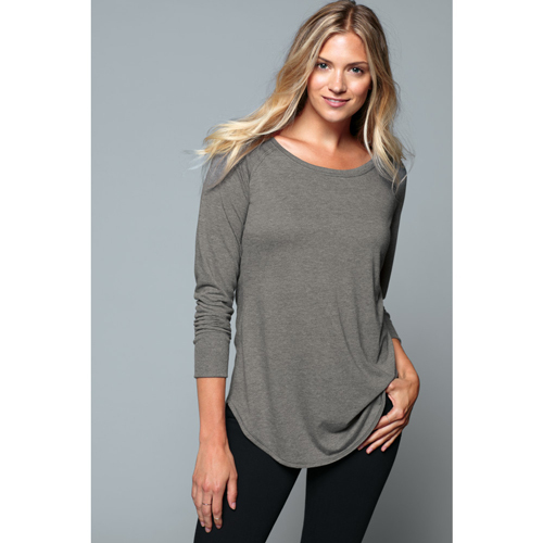 Blonde woman modeling The District DT132L womens long sleeve t-shirt