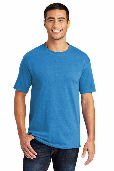 A man wearing the Port & Company PC55T tall t-shirt in the color Sapphire, available at ShirtSpace.