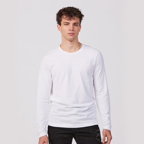 Man modeling the Tultex 591 Unisex Premium Cotton Long Sleeve in white
