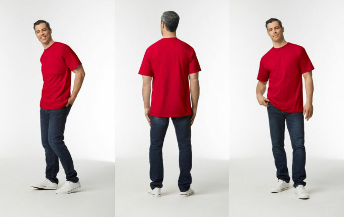 A man wearing a Gildan G200T tall t-shirt in the color red. 