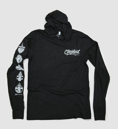 Black hooded long sleeve tee laying out flat with a Cleveland logo on the breast and five designs placed on the sleeve.