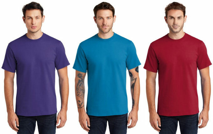 Men wearing the Port & Company PC61T in Purple, Sapphire and Rick Red. 