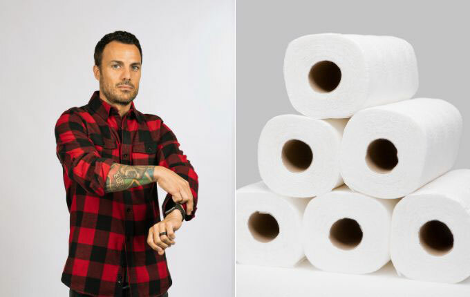 Two images pictured. The one of the left shows a tattooed man wearing a red and black buffalo print flannel button-up shirt, the Burnside B8210, and the one on the right shows a pyramid of paper towels – showing the perfect Brawny Man costume. 