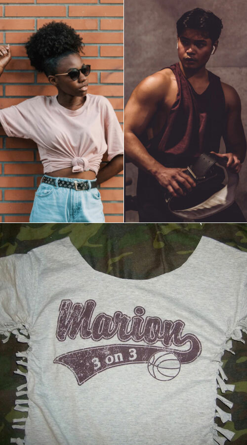 A collage of three images, including a woman with an oversized t-shirt tied in a front knot, a man wearing an oversized t-shirt that was cut into a sleeveless gym tee, and a t-shirt from Instructables that was cut along the sides into a fringe pattern and then tied together to make it smaller a more feminine have a different look.