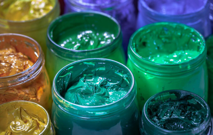 Jars of colorful screen printing inks.