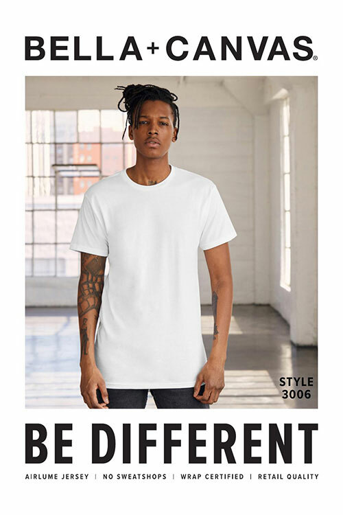 Man modeling the 3006 Men’s Long Body Urban T-Shirt by Bella+Canvas in “white.” 