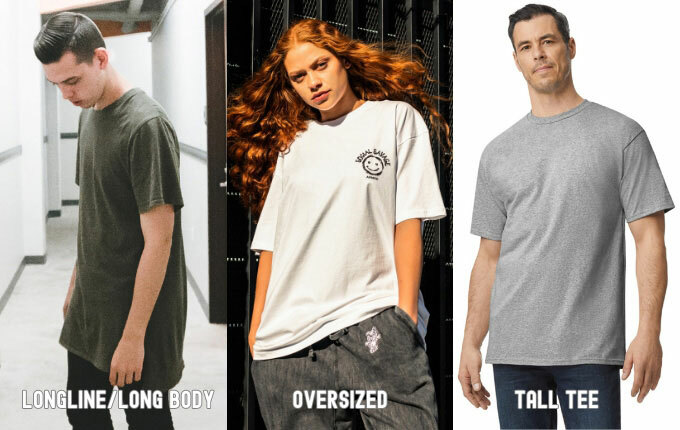 Images showing the difference between a longline or long body t-shirt, and oversized t-shirt and a tall tee.