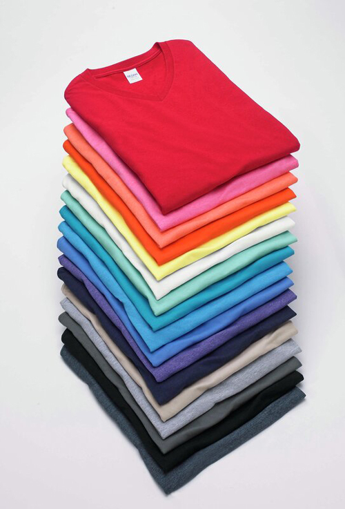 Colorful stacked Gildan shirts