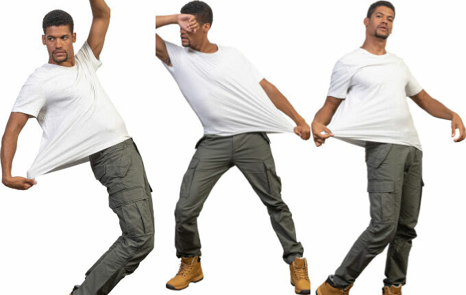 Three angles of a man posing and stretching out a white t-shirt that he is wearing. 