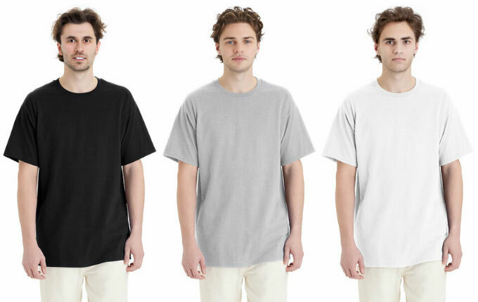 Men wearing the Hanes 5280 t-shirt in Black, Light steel and White.