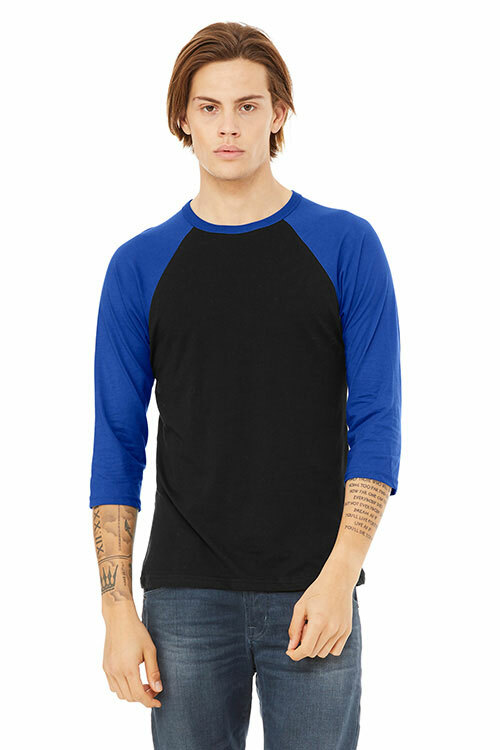Front view of a man wearing the Bella+Canvas 3200 raglan tee in “Black/True Royal” for the perfect color-blocked outfit. 