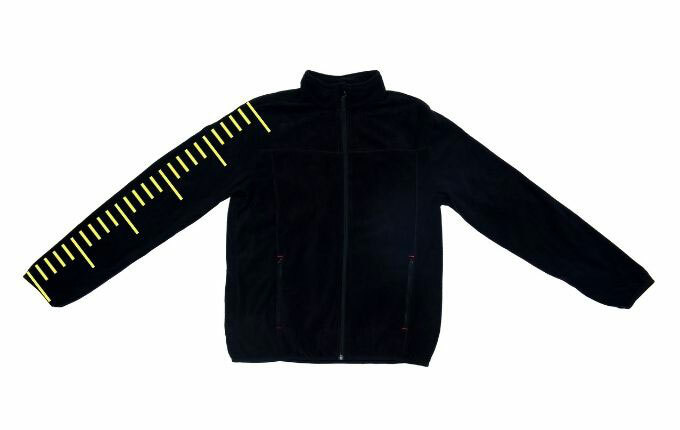 A black fleece zippered sweatshirt, with yellow ruler graphic to show how to measure for proper sweatshirt sleeve length. 