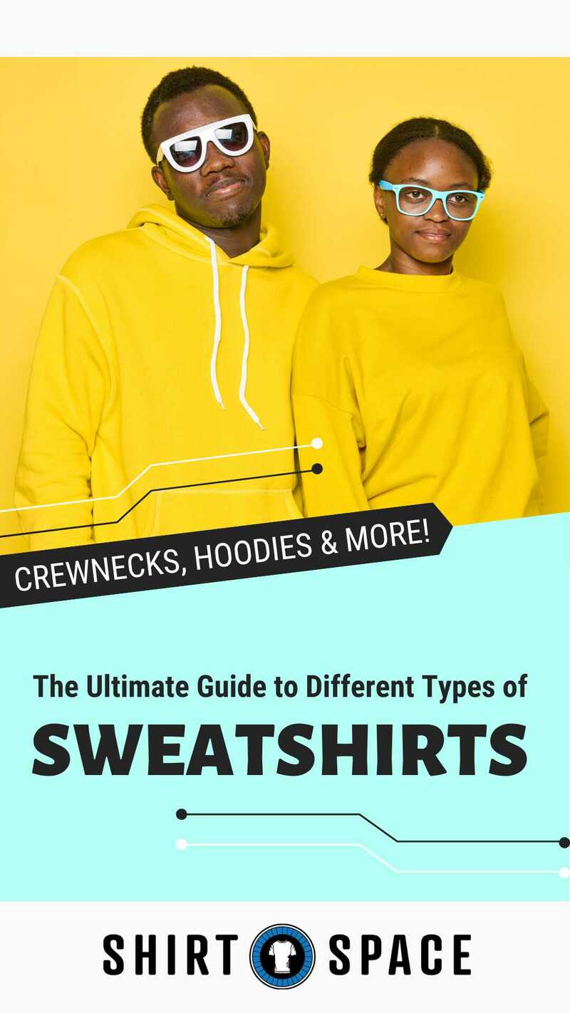Pinterest pin for the ultimate guide to sweatshirts with a man wearing a yellow hoodie and woman wearing a yellow crewneck sweatshirt.