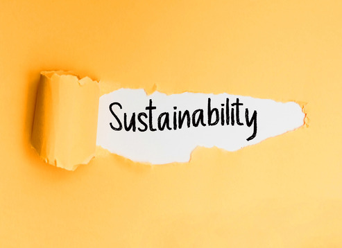 Yellow pain peeling away and revealing the word: sustainability