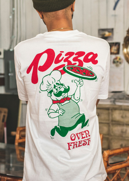 White t-shirt with a red and green pizza shop print, decorated via the method of sublimation printing