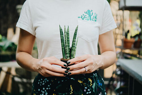A woman holding a small plant white wearing a white pocket tee that has a small plants printed above the pocket to appear as if they are growing from the pocket. 