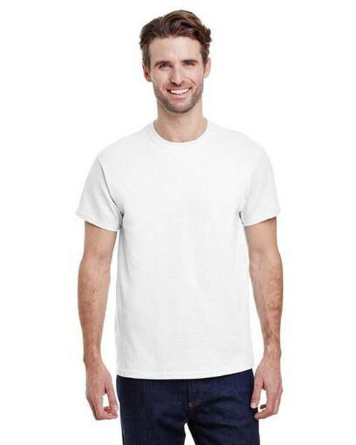 Man modeling the Gildan G200 Ultra Cotton white t-shirt