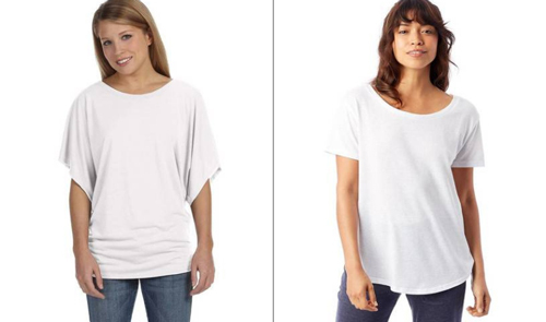 Woman modeling the fashionable Bella+Canvas 8821 Flowy Draped Sleeve Dollman white t-shirt on left, woman modeling the trendy Alternative 5064BP white t-shirt on the right 